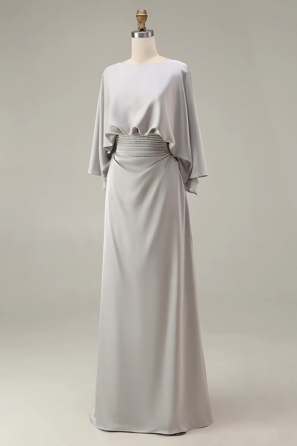 Elegante vestido de satén para la madre de la novia, con escote barco, mangas murciélago, cintura fruncida, largo hasta el suelo y bolsillos