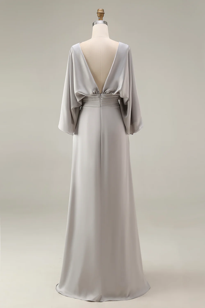 Elegante vestido de satén para la madre de la novia, con escote barco, mangas murciélago, cintura fruncida, largo hasta el suelo y bolsillos