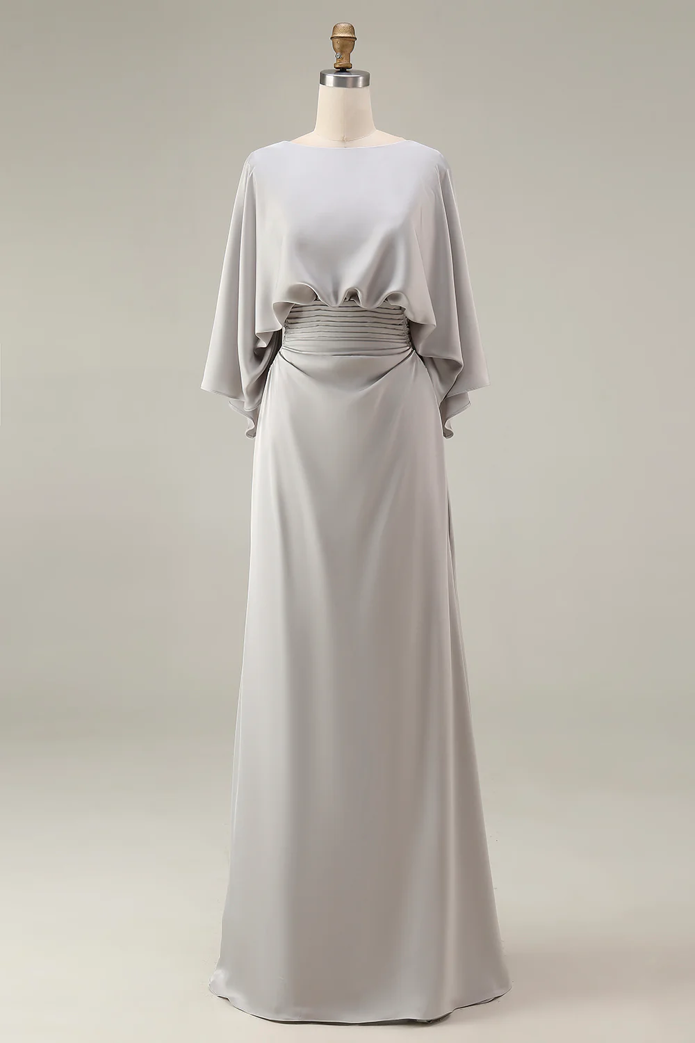 Elegante vestido de satén para la madre de la novia, con escote barco, mangas murciélago, cintura fruncida, largo hasta el suelo y bolsillos