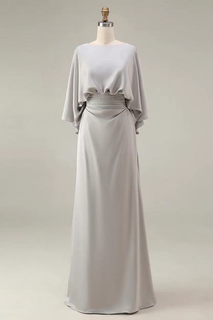 Elegante vestido de satén para la madre de la novia, con escote barco, mangas murciélago, cintura fruncida, largo hasta el suelo y bolsillos