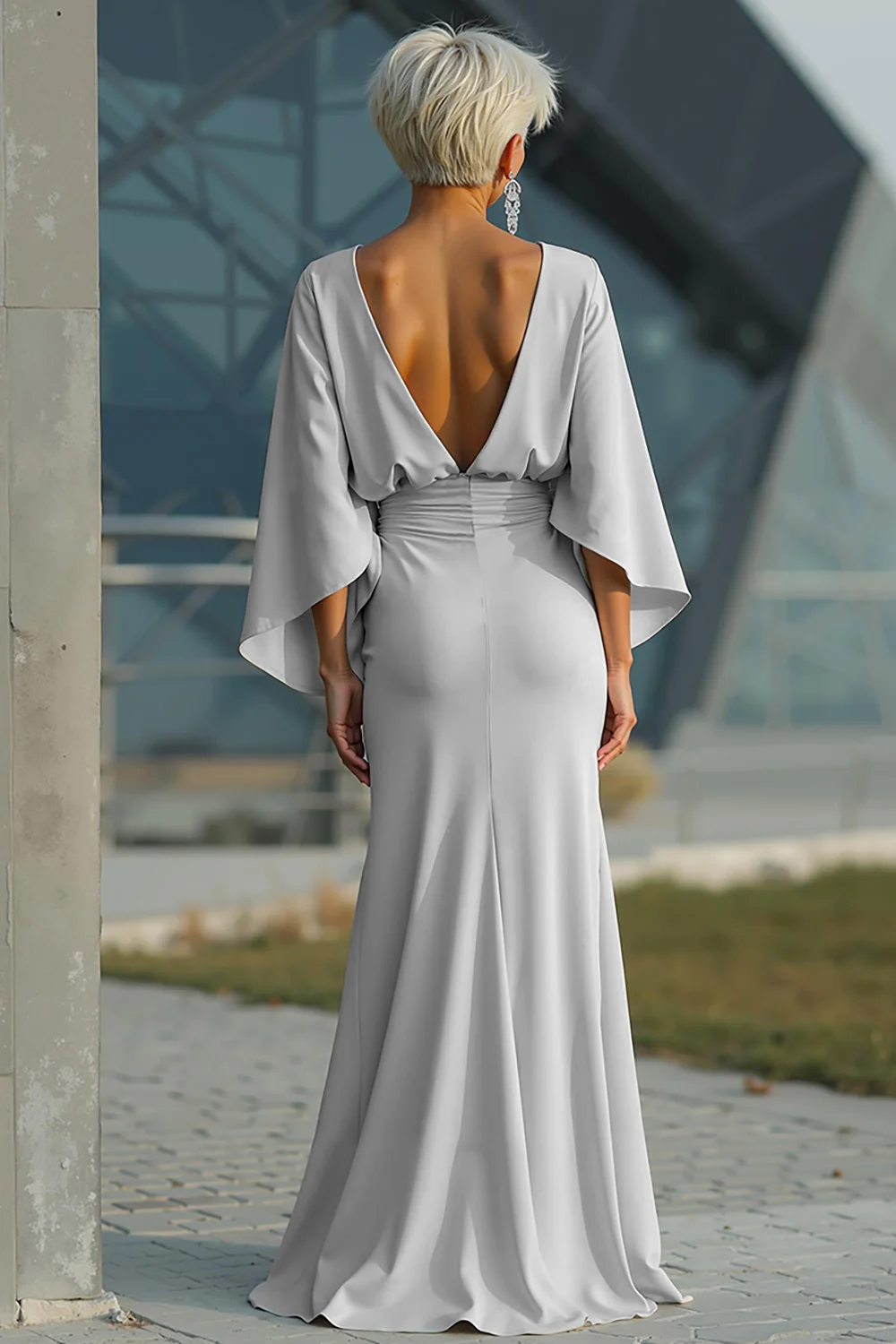 Elegante vestido de satén para la madre de la novia, con escote barco, mangas murciélago, cintura fruncida, largo hasta el suelo y bolsillos