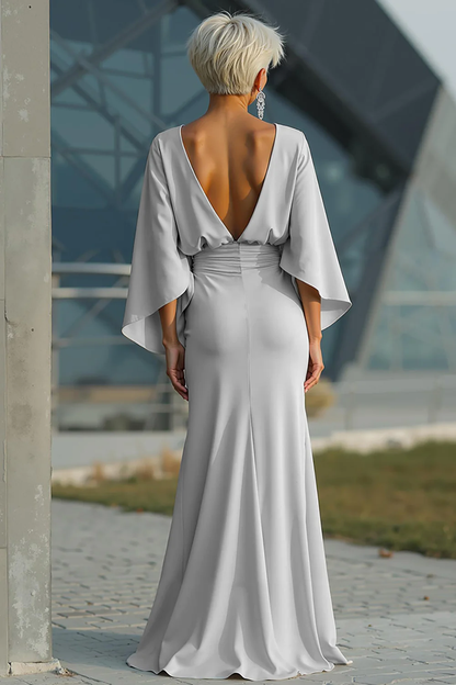 Elegante vestido de satén para la madre de la novia, con escote barco, mangas murciélago, cintura fruncida, largo hasta el suelo y bolsillos