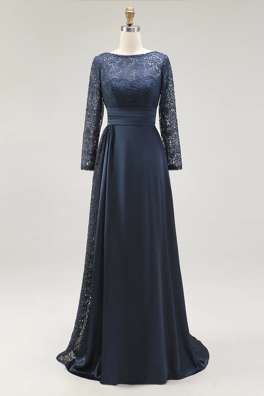 Elegant Satin Boat Neck Lace Long Sleeve Ruched Waist Floor-Length Mother of the Bride Dress with Train