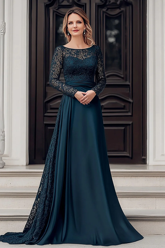Elegant Satin Boat Neck Lace Long Sleeve Ruched Waist Floor-Length Mother of the Bride Dress with Train