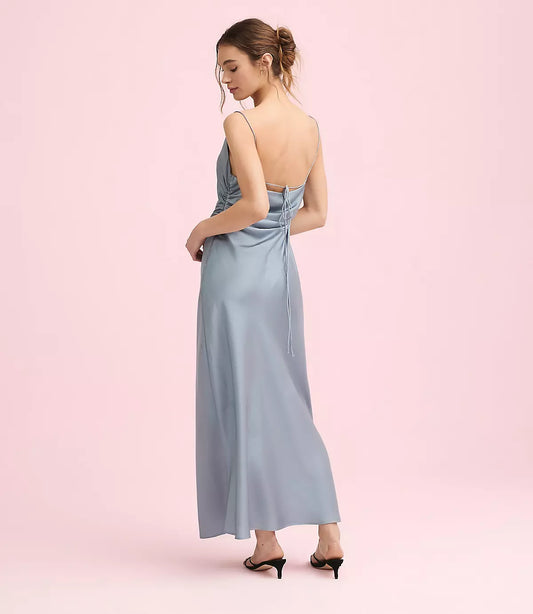 Elegant Satin Cowl Neck Ruched Back Tie Midi Formal Evening Dress