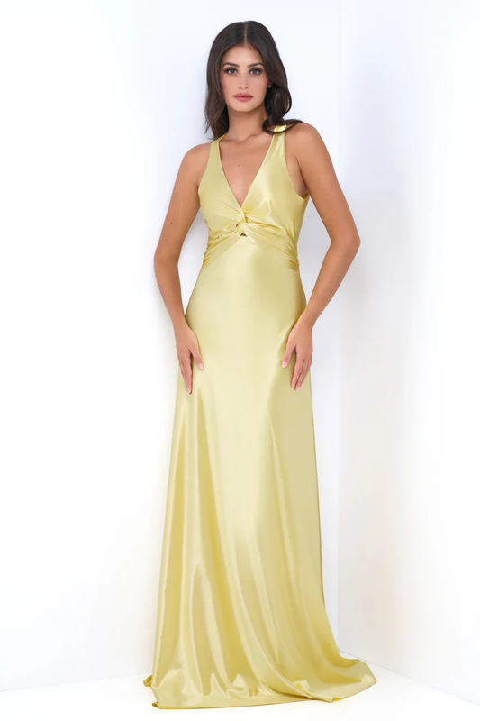 Elegant Satin Halter Neck Twisted Waist Cutout Back Bow Detail Maxi Prom Dress