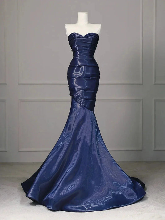 Elegant Satin Long Mermaid Fit Floor Length Ball Gown Evening Dress simple gentle atmospheric and unique desi Bring summer colors to enhance whiteness by YiHuiw