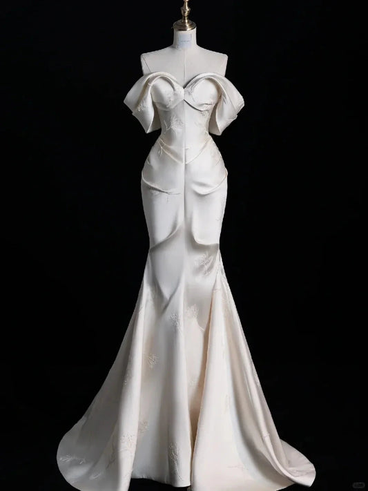 Elegant Satin Long Mermaid Slim Floor Length Ball Gown Evening Gown Wedding Dress simple gentle atmospheric and unique desi Bring summer colors to enhance whiteness by YiHuiw