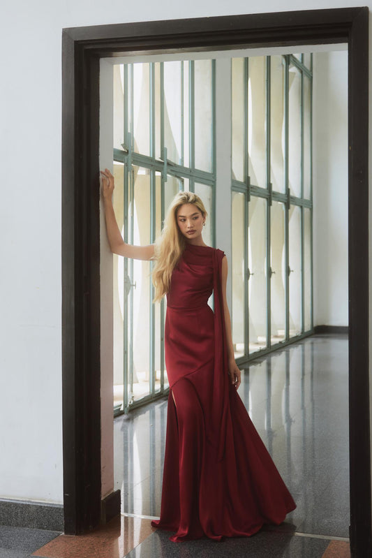 Elegant Satin Mermaid Asymmetric Neck Draped Sash Open Back Evening Dress