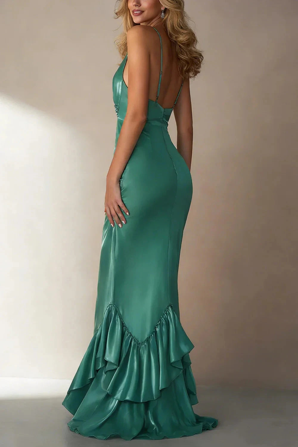 Elegant Satin Mermaid Halter V-Neck Spaghetti Strap Ruffled Hem Floor-Length Evening Dress by LANQI DRESS