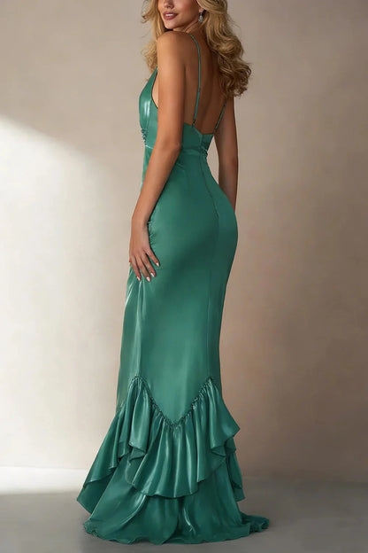 Elegant Satin Mermaid Halter V-Neck Spaghetti Strap Ruffled Hem Floor-Length Evening Dress by LANQI DRESS