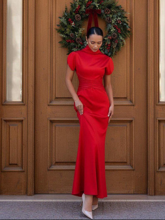 Elegant Satin Mermaid High Neck Short Sleeve Ruched Waist Evening Dress