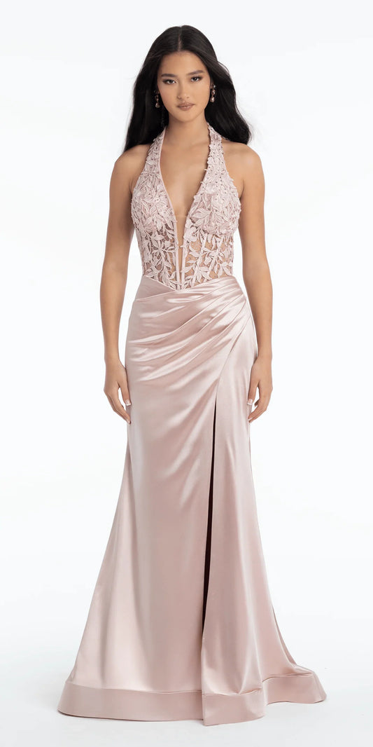 Elegant Satin Mermaid Silhouette Halter Neck Sleeveless Floor-Length Prom Dress with Lace Applique and High Slit for Formal Events
