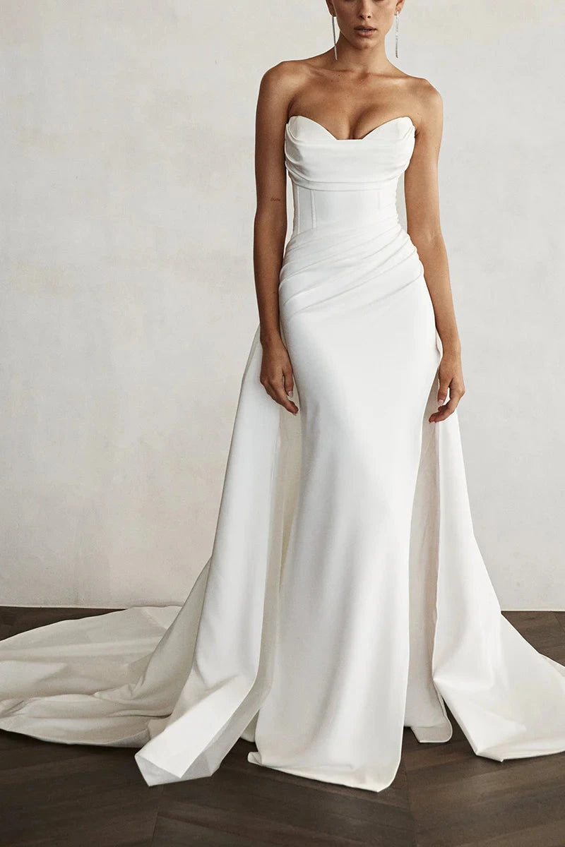 Elegant Satin Mermaid Strapless Sweetheart Ruched-Bodice High-Slit Train Wedding Dress by YiHuiw