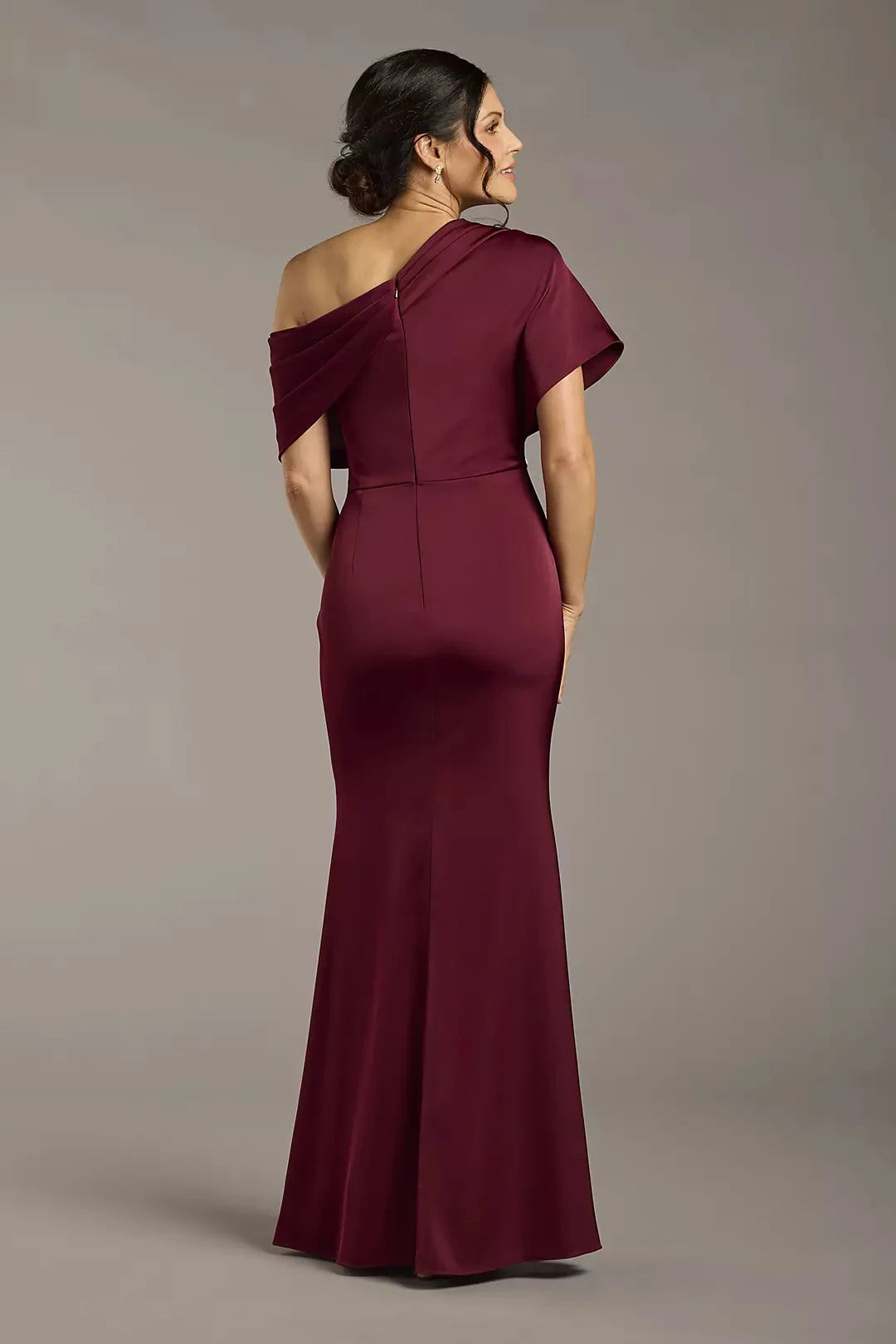 Elegant Satin Mermaid Trumpet Asymmetrical One-Shoulder Draped Short Sleeves Zipper Back Floor-Length Maxi Formal Mother of the Bride Dresses by LANQI DRESS