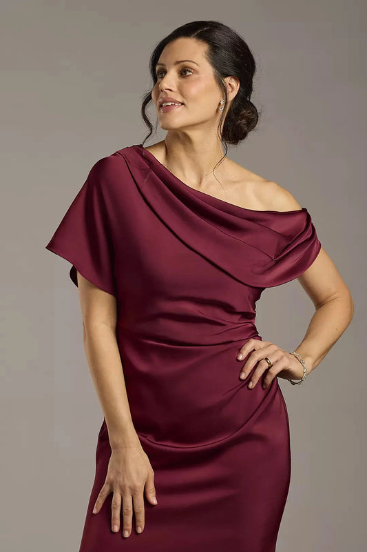 Elegant Satin Mermaid Trumpet Asymmetrical One-Shoulder Draped Short Sleeves Zipper Back Floor-Length Maxi Formal Mother of the Bride Dresses by LANQI DRESS