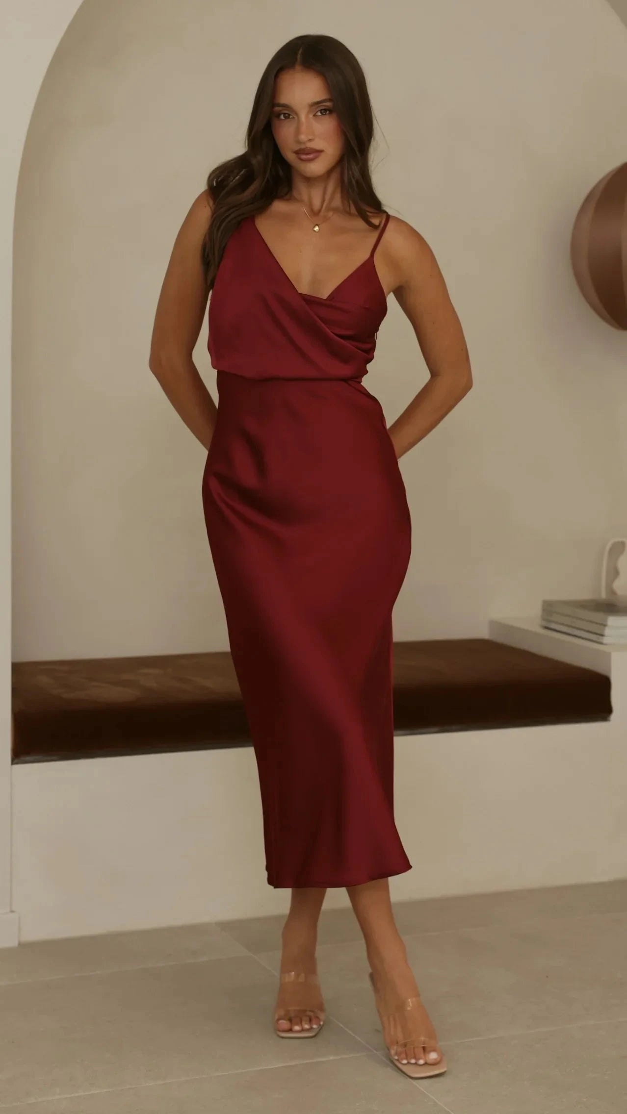 Elegant Satin Midi V-Neck Spaghetti Straps Cowl Neck Ruched Waist Zipper Back Formal Evening Dresses by LANQI DRESS