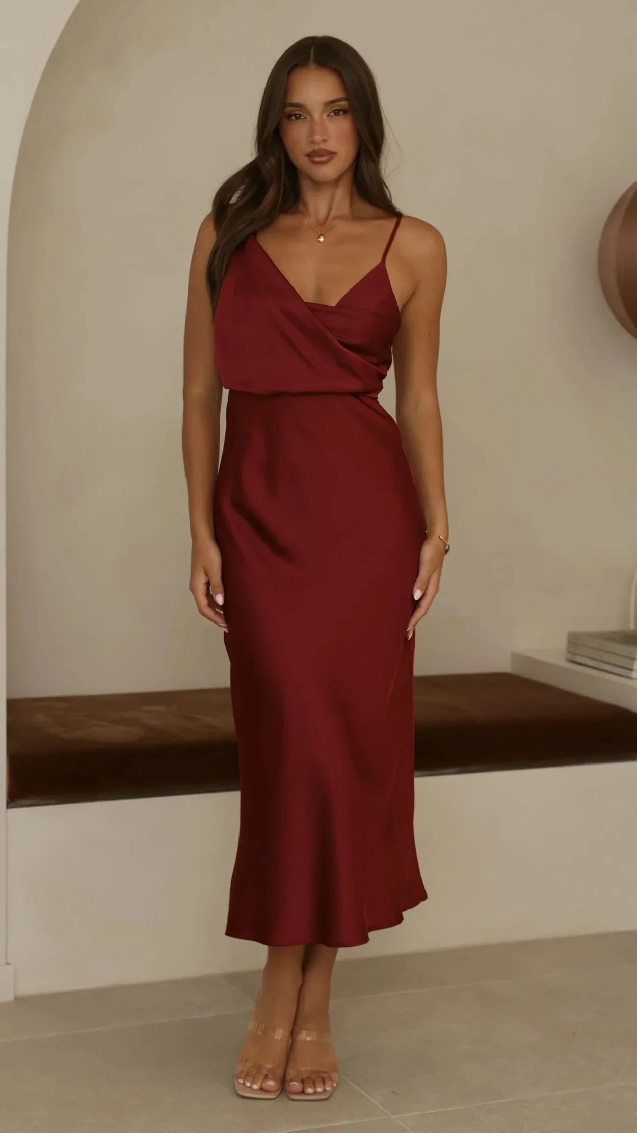 Elegant Satin Midi V-Neck Spaghetti Straps Cowl Neck Ruched Waist Zipper Back Formal Evening Dresses by LANQI DRESS