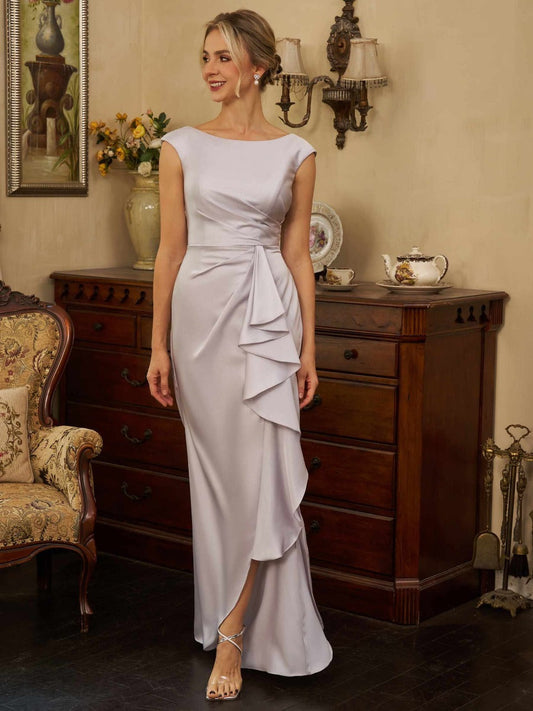 Elegant Satin Sheath Column Boat Neck Sleeveless Cap Sleeves Ruched V-Back Zipper Closure High Slit Floor-Length Maxi Formal Mother of the Bride Dresses by LANQI DRESS