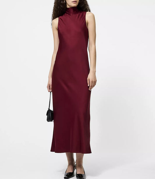 Elegant Satin Sheath High Neck Bow Back Midi Formal Evening Dress