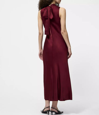 Elegante vestido formal de noche midi de satén, corte tubo, cuello alto y lazo en la espalda