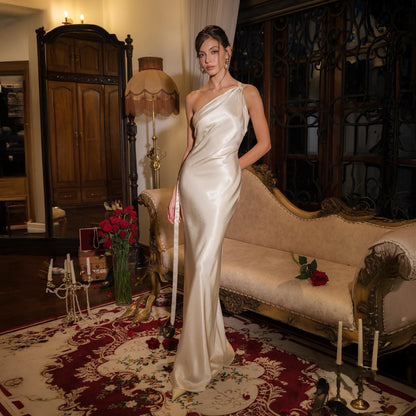 Elegant Satin Sheath One-Shoulder Sleeveless Open Back Evening Dress