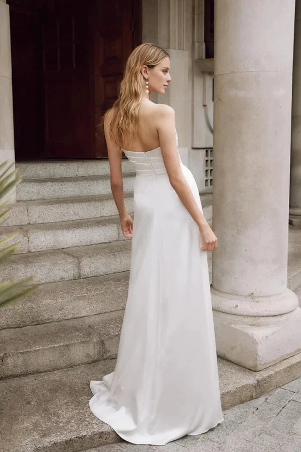 Elegant Satin Sheath Strapless Sweetheart Ruched-Bodice High-Slit Train Wedding Dress by YiHuiw