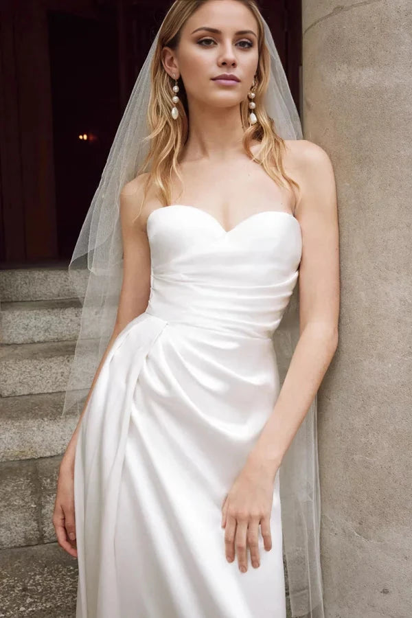 Elegant Satin Sheath Strapless Sweetheart Ruched-Bodice High-Slit Train Wedding Dress by YiHuiw