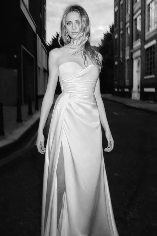 Elegant Satin Sheath Strapless Sweetheart Ruched-Bodice High-Slit Train Wedding Dress by YiHuiw