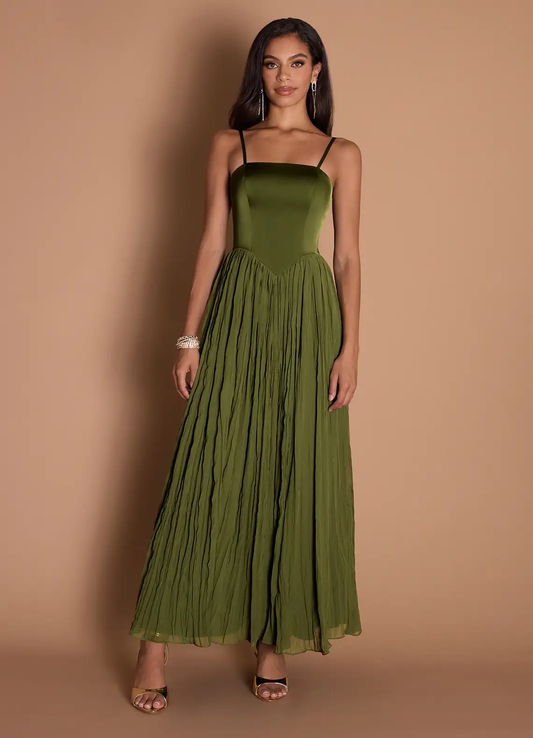 Elegant Satin Spaghetti Strap Square Neck Ruched Bodice Crinkled Chiffon Floor-Length Evening Dress