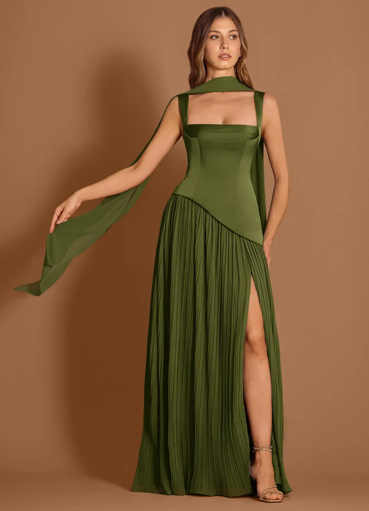 Elegant Satin Square Neck Corset Bodice Pleated Chiffon High-Slit Floor-Length Evening Dress with Convertible Straps