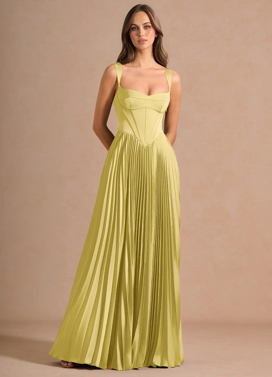 Elegant Satin Square Neck Corset Bodice Pleated Floor-Length Evening Dress with Lace-Up Back