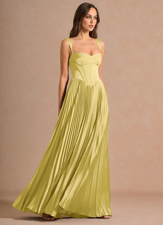 Elegant Satin Square Neck Corset Bodice Pleated Floor-Length Evening Dress with Lace-Up Back