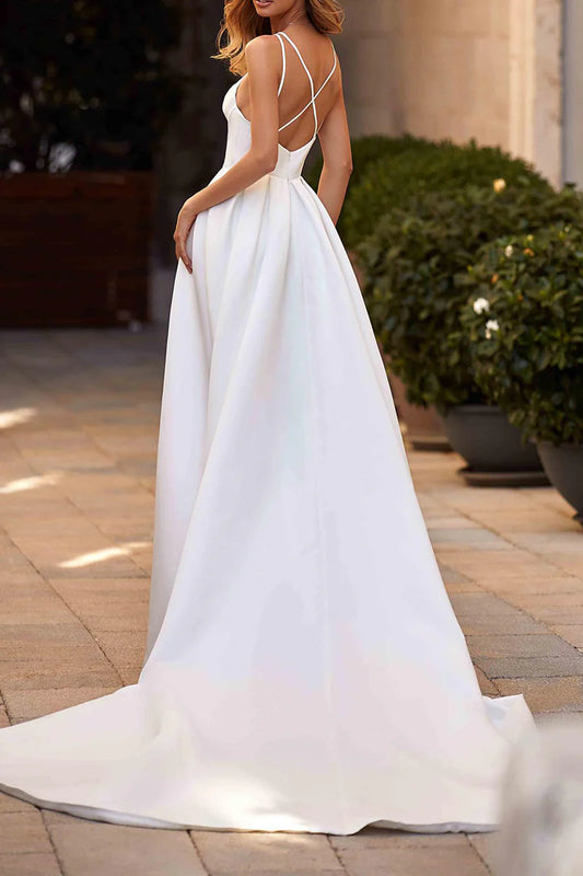 Elegant Satin Wedding Dress with Plunging V-Neck & Flowing Cathedral Train