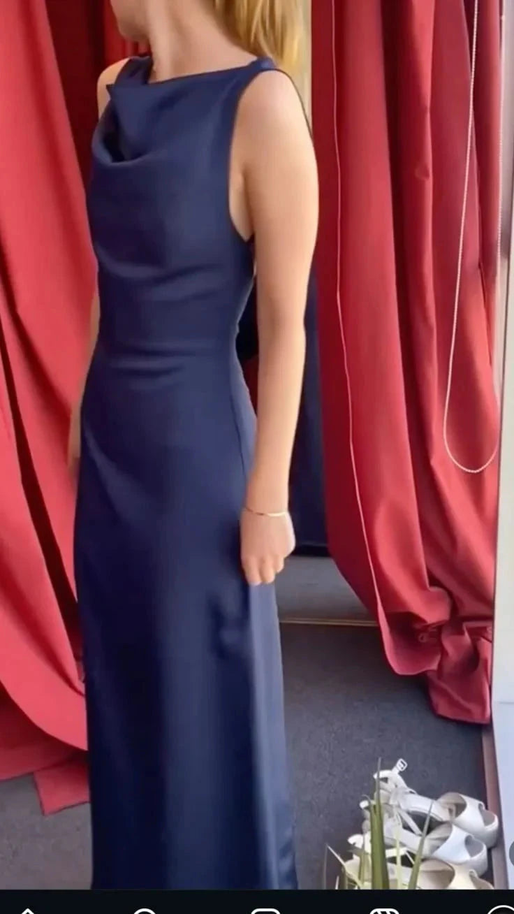 Elegant Sheath Navy Blue Satin Prom Dresses Formal Summer Wedding Guest Dresses Wedding Guest Outfits simple gentle atmospheric and unique desi Bring summer colors to enhance whiteness by YiHuiw