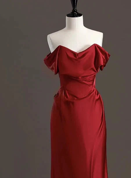Elegant Sheath Off The Shoulder Red Satin Prom Dresses Formal Summer Wedding Guest Dresses Wedding Guest Outfits simple gentle atmospheric and unique desi Bring summer colors to enhance whiteness by YiHuiw