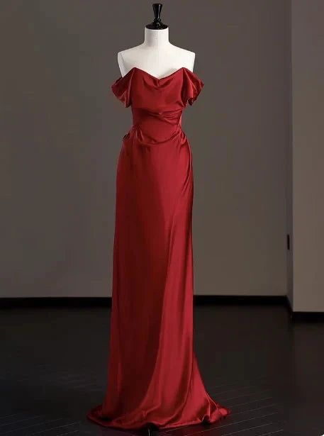 Elegant Sheath Off The Shoulder Red Satin Prom Dresses Formal Summer Wedding Guest Dresses Wedding Guest Outfits simple gentle atmospheric and unique desi Bring summer colors to enhance whiteness by YiHuiw