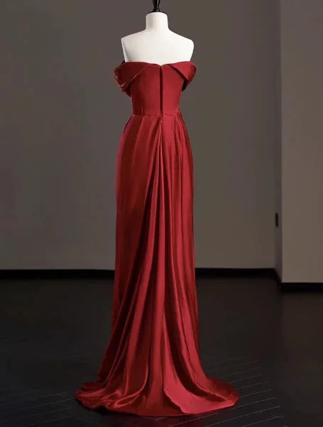 Elegant Sheath Off The Shoulder Red Satin Prom Dresses Formal Summer Wedding Guest Dresses Wedding Guest Outfits simple gentle atmospheric and unique desi Bring summer colors to enhance whiteness by YiHuiw