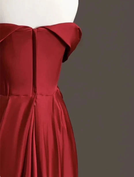 Elegant Sheath Off The Shoulder Red Satin Prom Dresses Formal Summer Wedding Guest Dresses Wedding Guest Outfits simple gentle atmospheric and unique desi Bring summer colors to enhance whiteness by YiHuiw