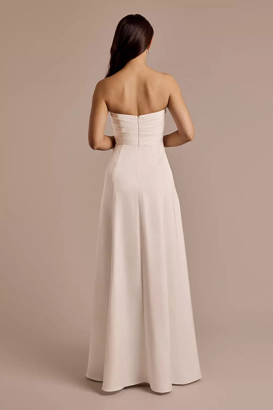 Elegant Sheath Strapless Ruched-Satin Bodice High-Slit Open-Back Wedding Dress