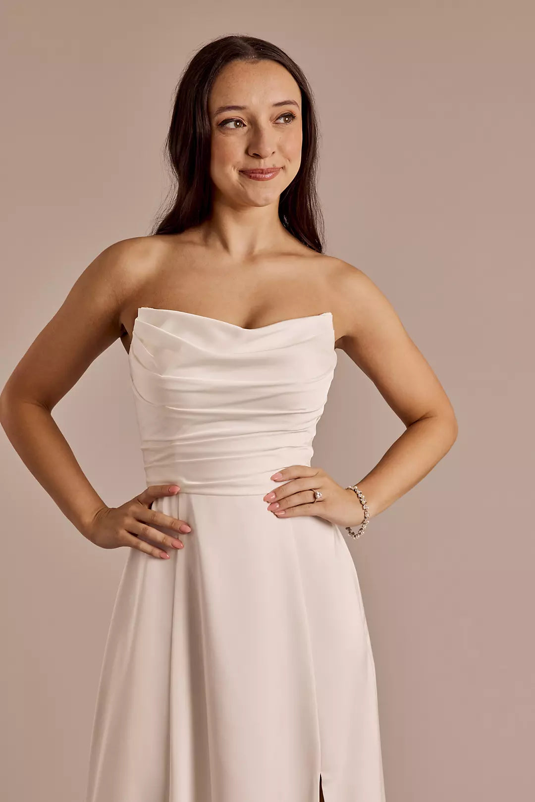 Elegant Sheath Strapless Ruched-Satin Bodice High-Slit Open-Back Wedding Dress