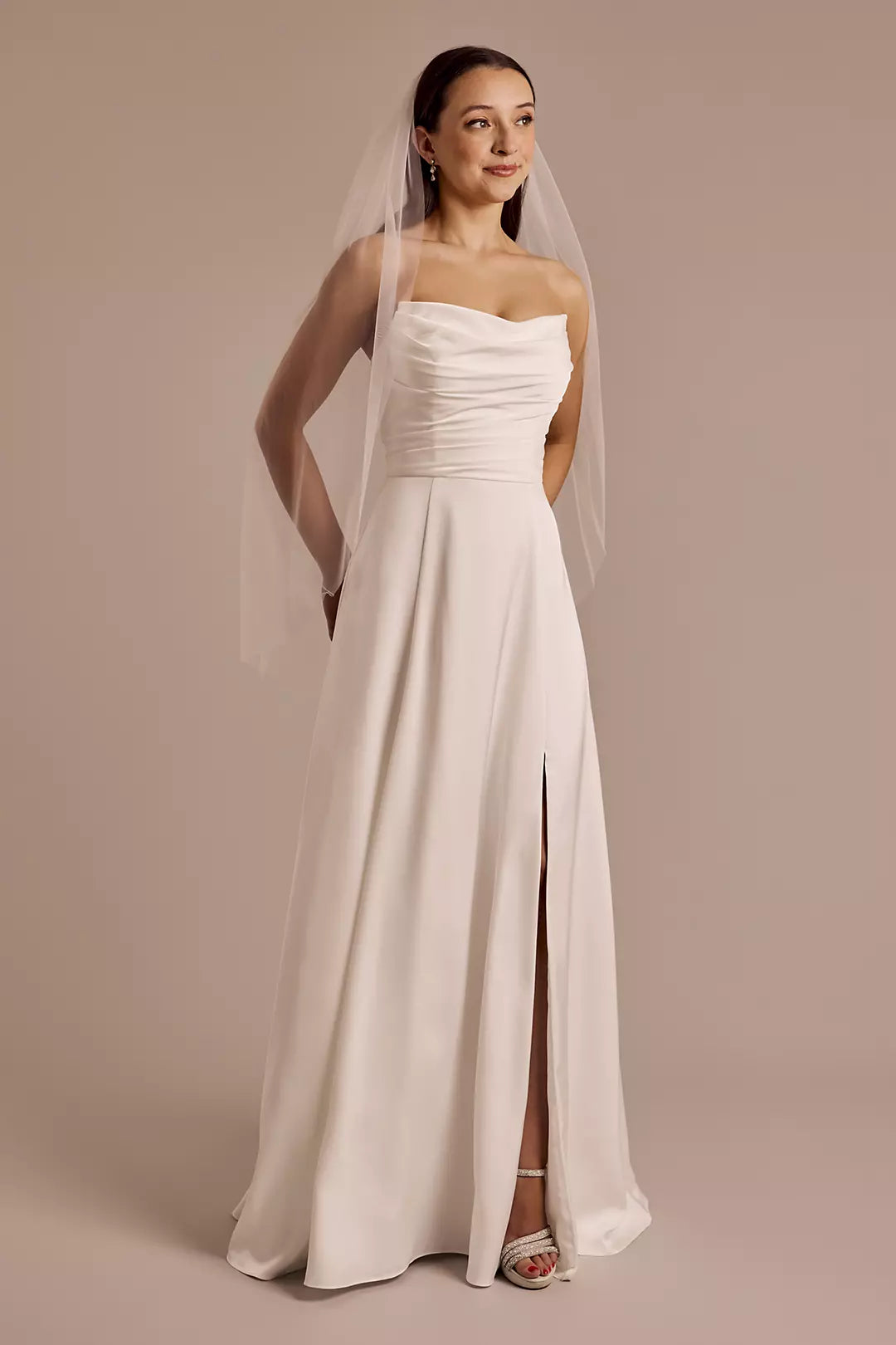 Elegant Sheath Strapless Ruched-Satin Bodice High-Slit Open-Back Wedding Dress