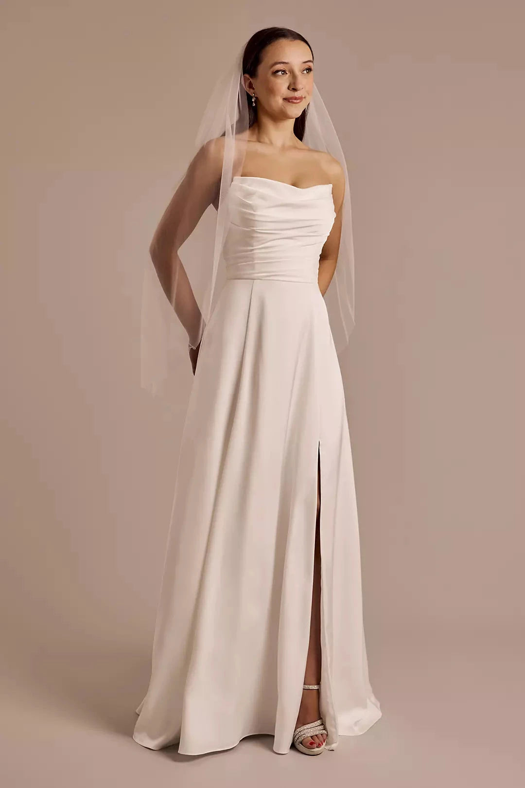 Elegant Sheath Strapless Ruched-Satin Bodice High-Slit Open-Back Wedding Dress by YiHuiw