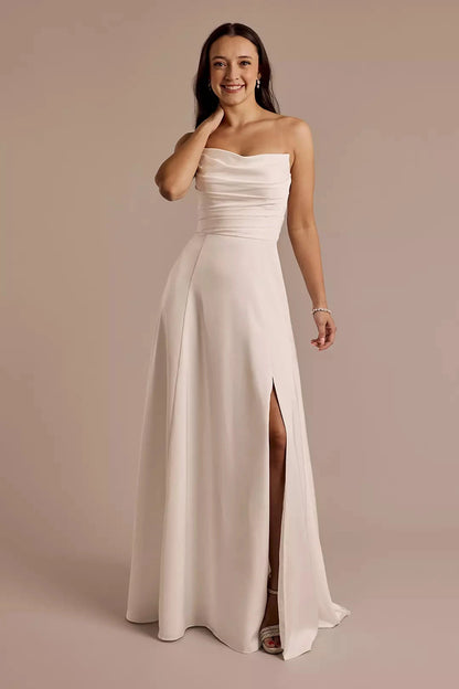 Elegant Sheath Strapless Ruched-Satin Bodice High-Slit Open-Back Wedding Dress by YiHuiw