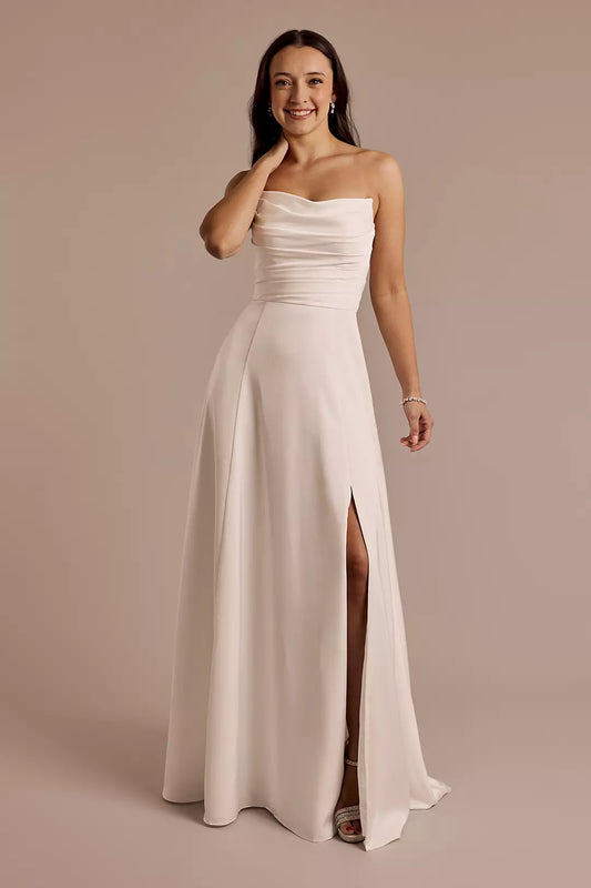 Elegant Sheath Strapless Ruched-Satin Bodice High-Slit Open-Back Wedding Dress