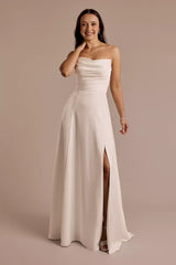 Elegant Sheath Strapless Ruched-Satin Bodice High-Slit Open-Back Wedding Dress