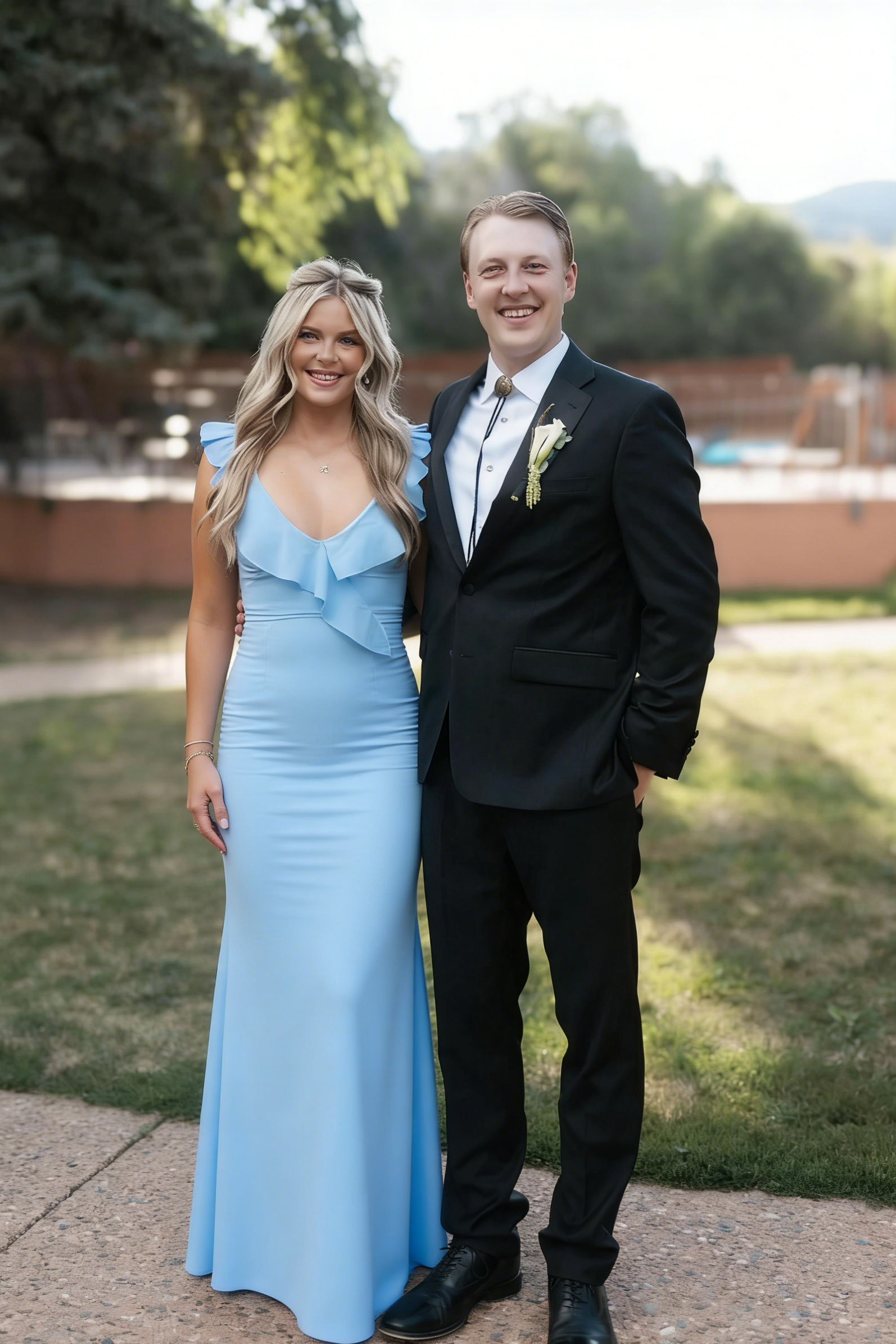 Elegant Sky Blue Chiffon Prom Dress with V-Neck, Ruffle Trim and Mermaid Silhouette by JiMiss Dresses