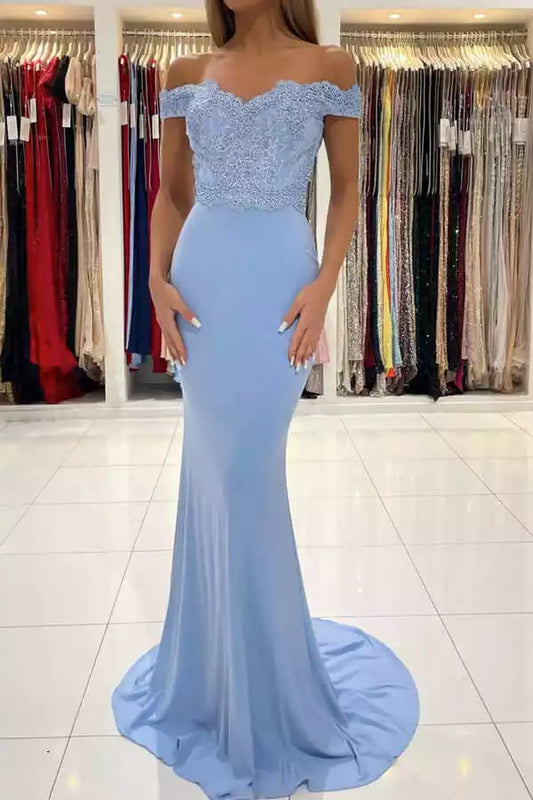 Elegant Sky Blue Mermaid Dress with Off-the-Shoulder Lace Bodice & Train