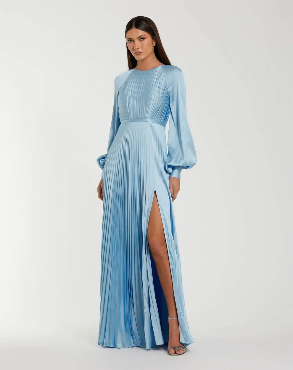 Elegant Sky Blue Pleated Satin Gown Round Neck Balloon Long Sleeves Zipper Back High Slit Floor-Length Evening Dresses by LANQI DRESS
