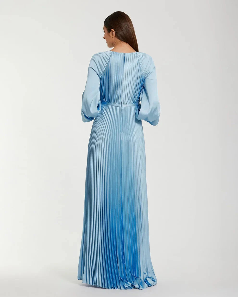 Elegant Sky Blue Pleated Satin Gown Round Neck Balloon Long Sleeves Zipper Back High Slit Floor-Length Evening Dresses by LANQI DRESS